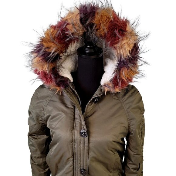Pink platinum Bomber Jacket Army Green Faux Fur Hood Size Small Junior - Picture 3 of 15